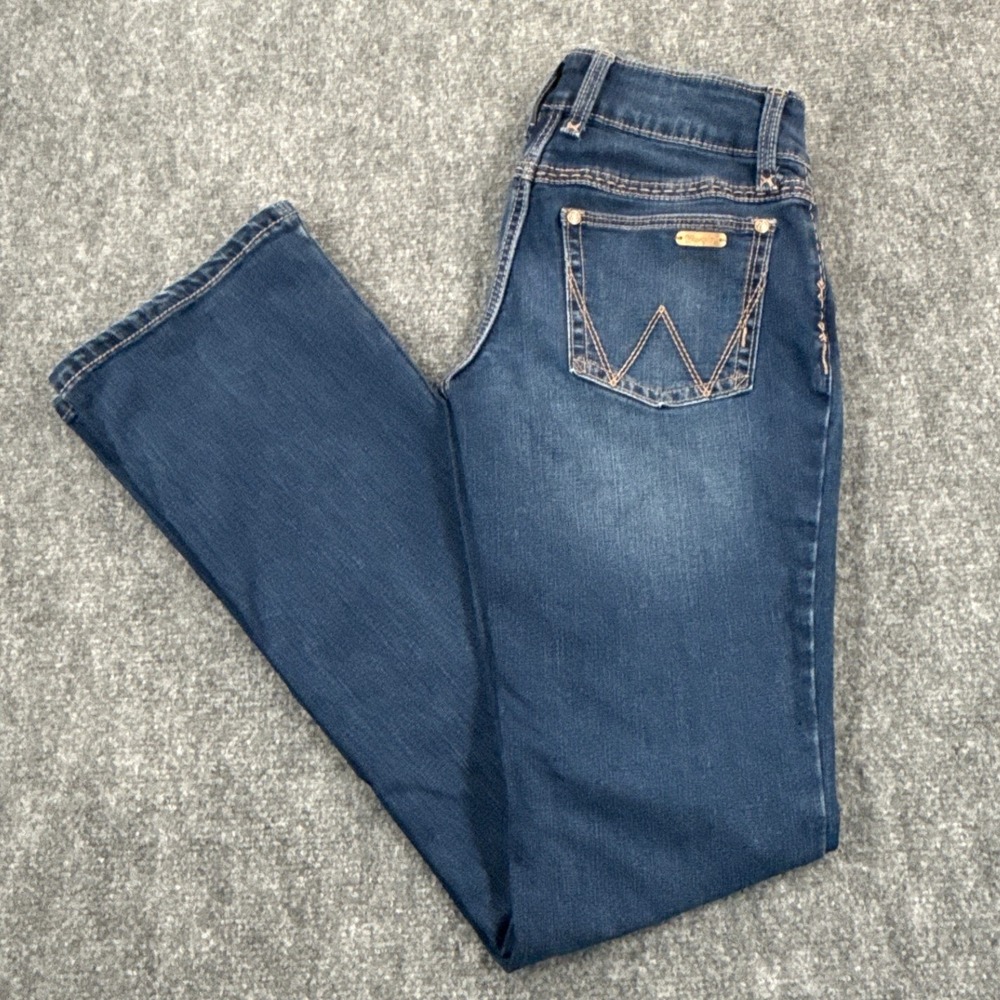 Wrangler Boot Cut Jeans Womens 27 Blue Western Contrast Stitch Whiskered